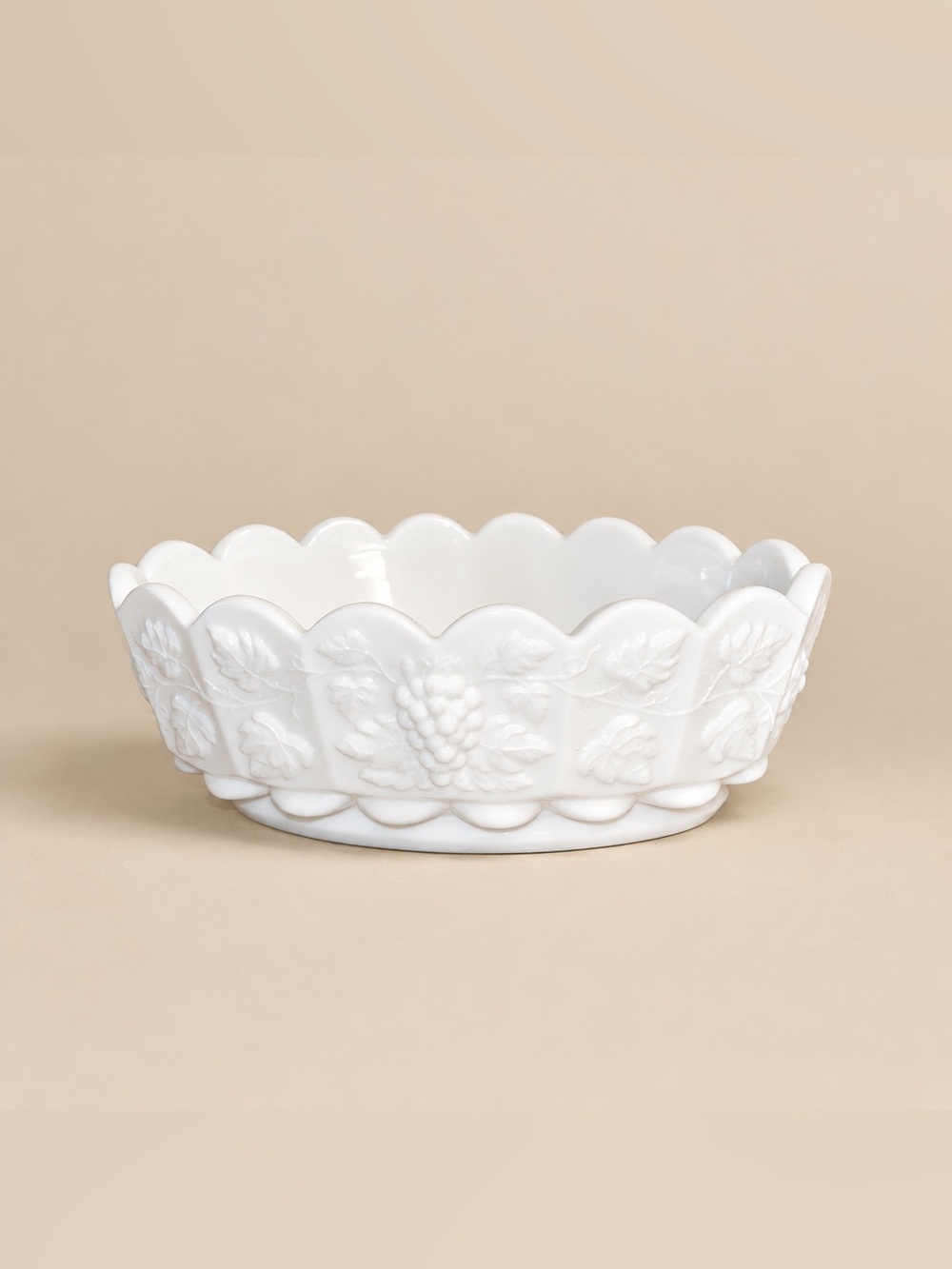 Westmoreland "Paneled Grape" white milk glass dish. Authentic/Marked Scalloped